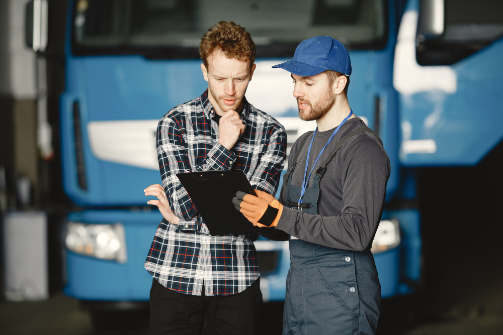 two-guys-talking-about-work-work-garage-near-truck-transfer-documents-with-goods